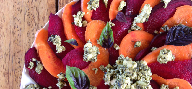 Beet and Carrot Carpaccio with Homemade Pesto Goat Cheese